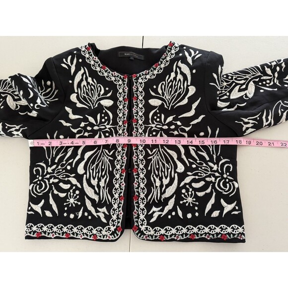 BCBG Maxazria Embroidered Cropped Blazer Jacket Size 4 Black White Red - Picture 6 of 13